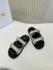 DIOR CLASSIC DOUBLE-STRAP SLIDES 25S IN SOFT ROSE BEIGE TWEED AND BLACK CALFSKIN