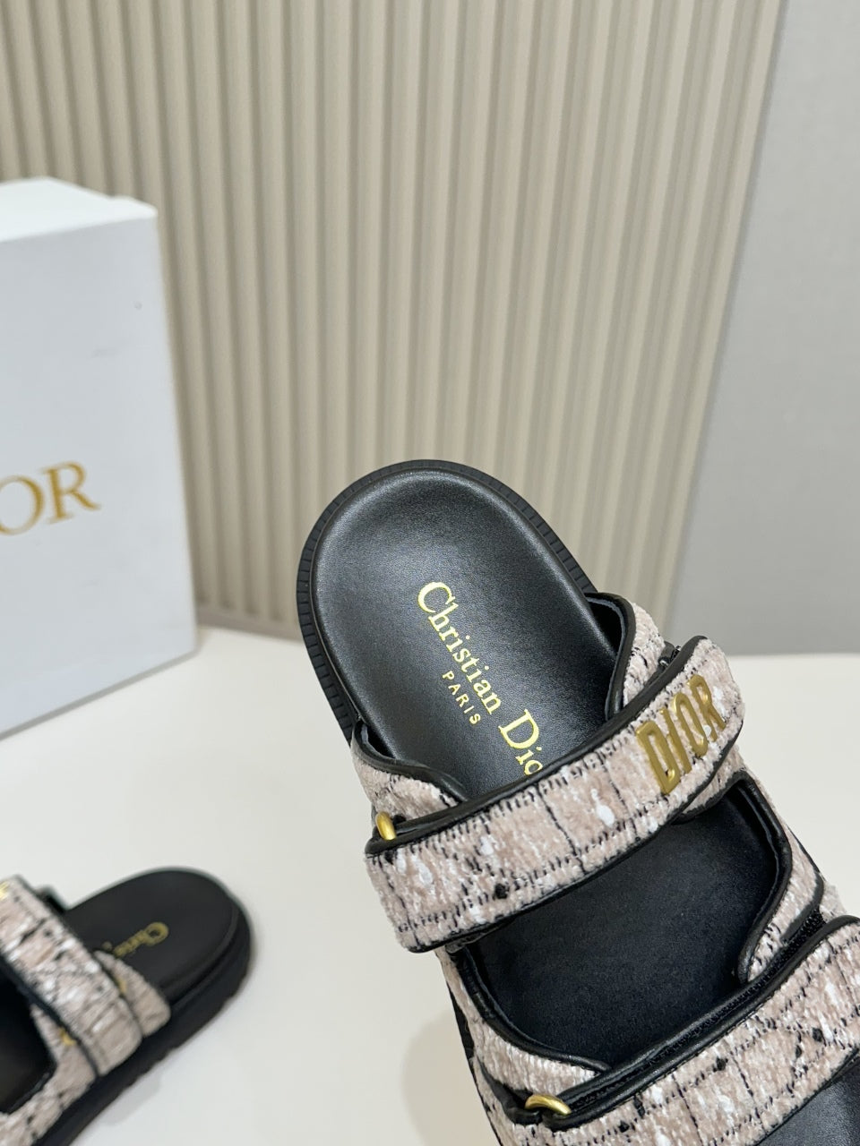 DIOR CLASSIC DOUBLE-STRAP SLIDES 25S IN SOFT ROSE BEIGE TWEED AND BLACK CALFSKIN