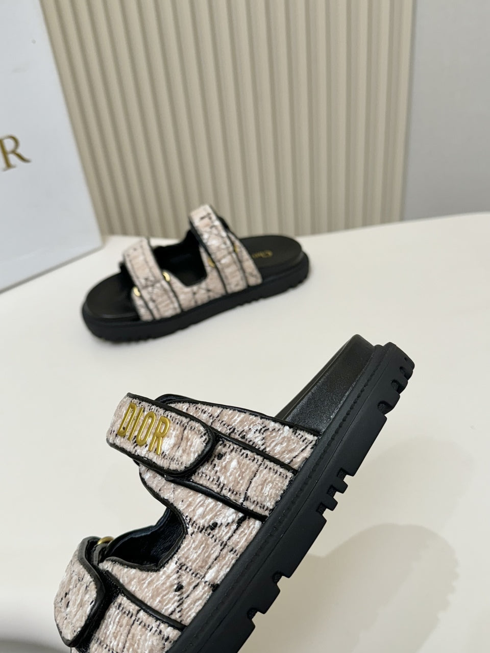 DIOR CLASSIC DOUBLE-STRAP SLIDES 25S IN SOFT ROSE BEIGE TWEED AND BLACK CALFSKIN