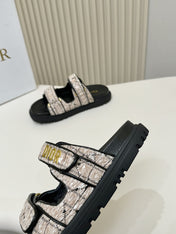 DIOR CLASSIC DOUBLE-STRAP SLIDES 25S IN SOFT ROSE BEIGE TWEED AND BLACK CALFSKIN