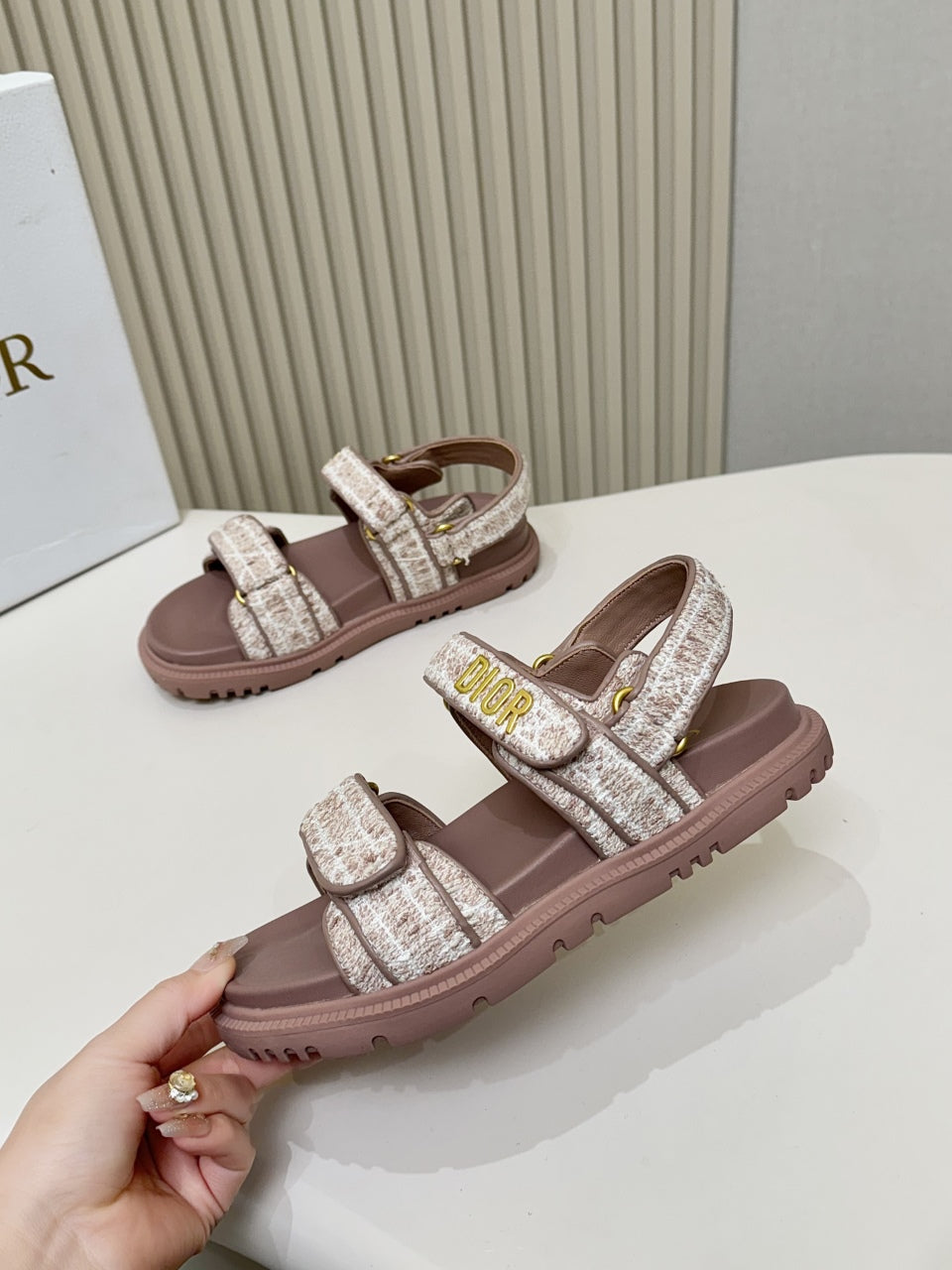 DIOR BACK-STRAP SANDALS 25S IN DEEP MAUVE BROWN TWEED AND CALFSKIN