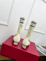 BELLE VIVIER SOCK LACQUERED BUCKLE ANKLE BOOTS IN OFF WHITE CALFSKIN AND TECHNICAL FABRIC