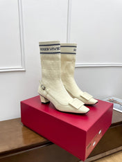 BELLE VIVIER SOCK LACQUERED BUCKLE ANKLE BOOTS IN OFF WHITE CALFSKIN AND TECHNICAL FABRIC