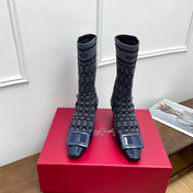 BELLE VIVIER SOCK LACQUERED BUCKLE ANKLE BOOTS IN NAVY BLUE CALFSKIN AND TECHNICAL FABRIC