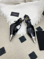 YSL 25S HIGH-HEEL SLINGBACKS 65 MM IN BLACK LAMBSKIN AND SILVER HARDWARE