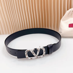Vlogo Brown Black White Stone Silver Buckle Belt 40mm Black Leather