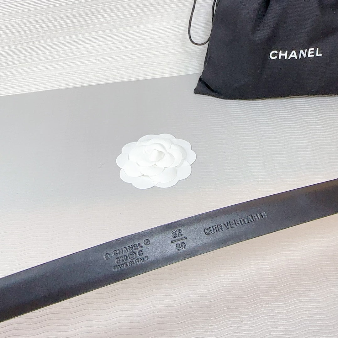 CC BELT 20 MM IN BLACK SMOOTH CALFSKIN SILVER HARDWARE ATTACH RHINSTONE