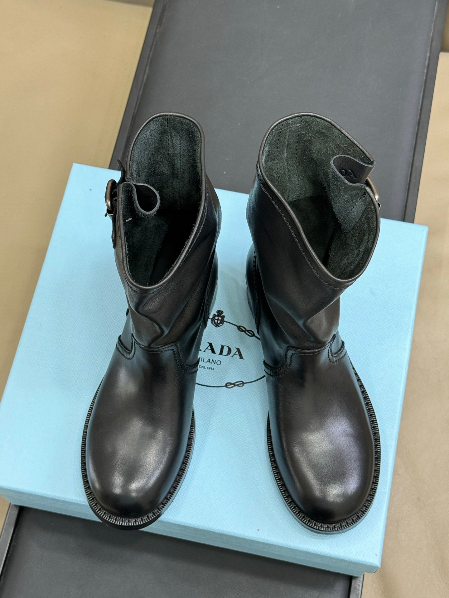PRADA 25S ANKLE BOOTS IN DARK BLACK BROWN CALFSKIN