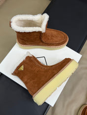 PRADA 25S PLATFORM ANKLE BOOTS 40 MM IN DARK BROWN SUEDE SHEARLING-LINED