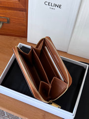 CELINE 25S TRIOMPHE COMPACT ZIPPED WALLET 11 IN BROWN CALFSKIN GOLD HARDWARE