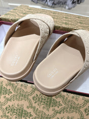 GG SLIDES IN NUDE BEIGE SUEDE WITH EMBOSSED LOGO STYLE 7