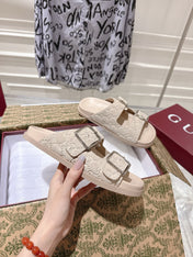 SANDALS IN NUDE BEIGE SUEDE EMBOSSED LOGO SILVER HARDWARE