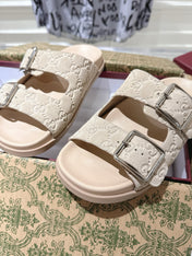 SANDALS IN NUDE BEIGE SUEDE EMBOSSED LOGO SILVER HARDWARE