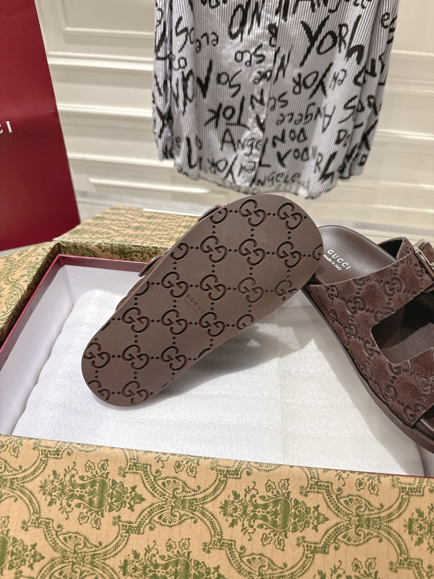 SANDALS IN NAVY BROWN SUEDE EMBOSSED LOGO SILVER HARDWARE