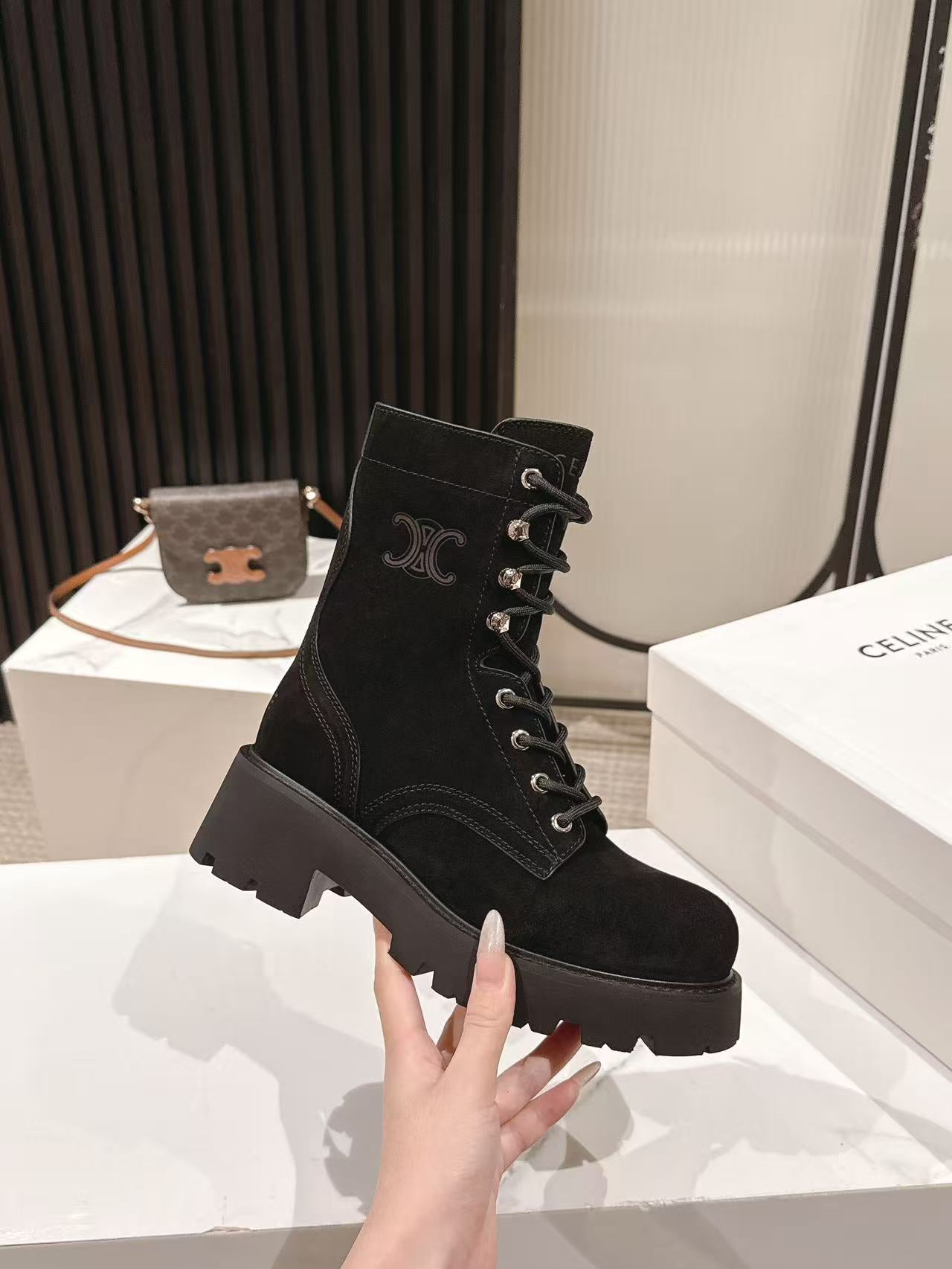 CELINE 25S HIGH HEELED LACE UP BOOTS 50MM IN BLACK SUEDE