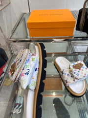 LV x TAKASHI MURAKAMI SLIDES IN MULTICOLOR FABRIC WITH ZIP POCKET STRAP