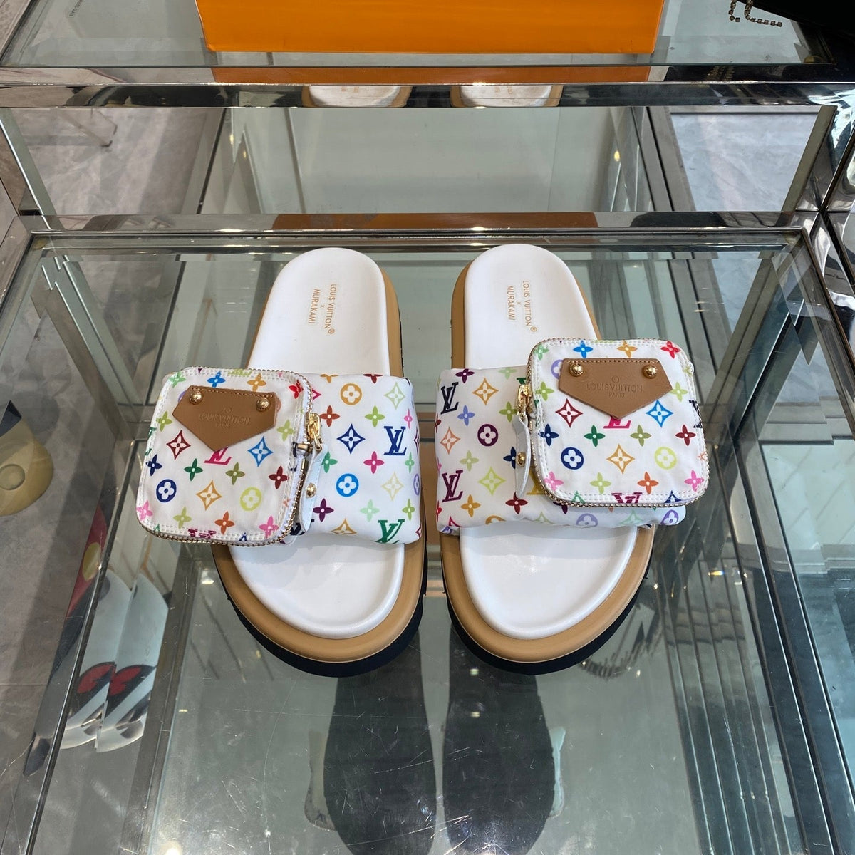 LV x TAKASHI MURAKAMI SLIDES IN MULTICOLOR FABRIC WITH ZIP POCKET STRAP