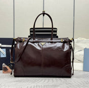 PRADA 25S BONNIE EXTRA-LARGE 42 IN DARK BROWN GLOSSY CALFSKIN GOLD HARDWRE