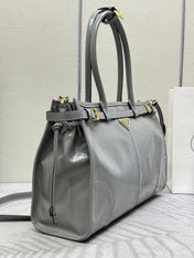 PRADA 25S BONNIE LARGE HANDBAG 38 IN GRAY GLOSSY CALFSKIN GOLD HARDWRE