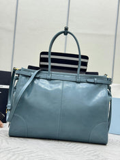 PRADA 25S LUX SOFT BAG 42 IN BLUE GLOSSY CALFSKIN GOLD HARDWRE