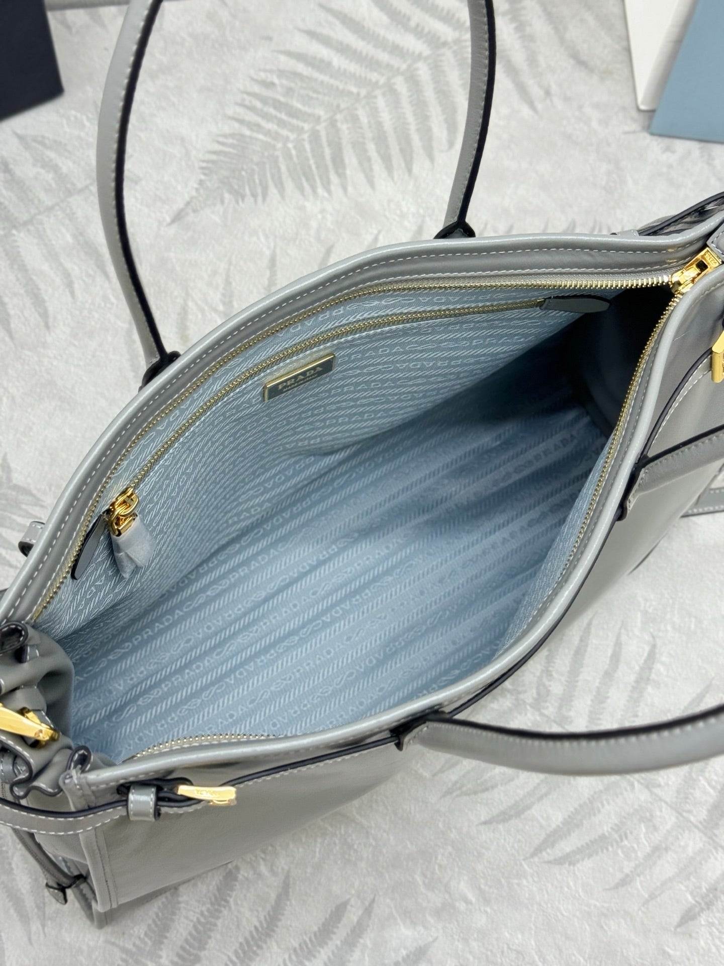 PRADA 25S LUX SOFT BAG 42 IN GRAY GLOSSY CALFSKIN GOLD HARDWRE