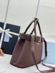PRADA 25S BUCKLE SMALL HANDBAG 32 IN RICH BROWN CALFSKIN GOLD HARDWRE