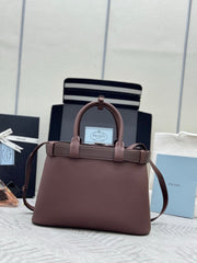 PRADA 25S BUCKLE SMALL HANDBAG 32 IN RICH BROWN CALFSKIN GOLD HARDWRE