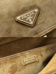PRADA 25S EXPLORE MEDIUM SHOULDER BAG 30 IN DARK GOLDEN BROWN SUEDE WITH FLAP