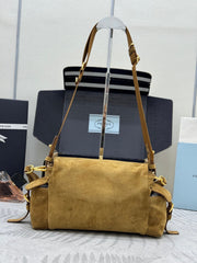 PRADA 25S EXPLORE MEDIUM SHOULDER BAG 30 IN DARK GOLDEN BROWN SUEDE WITH FLAP