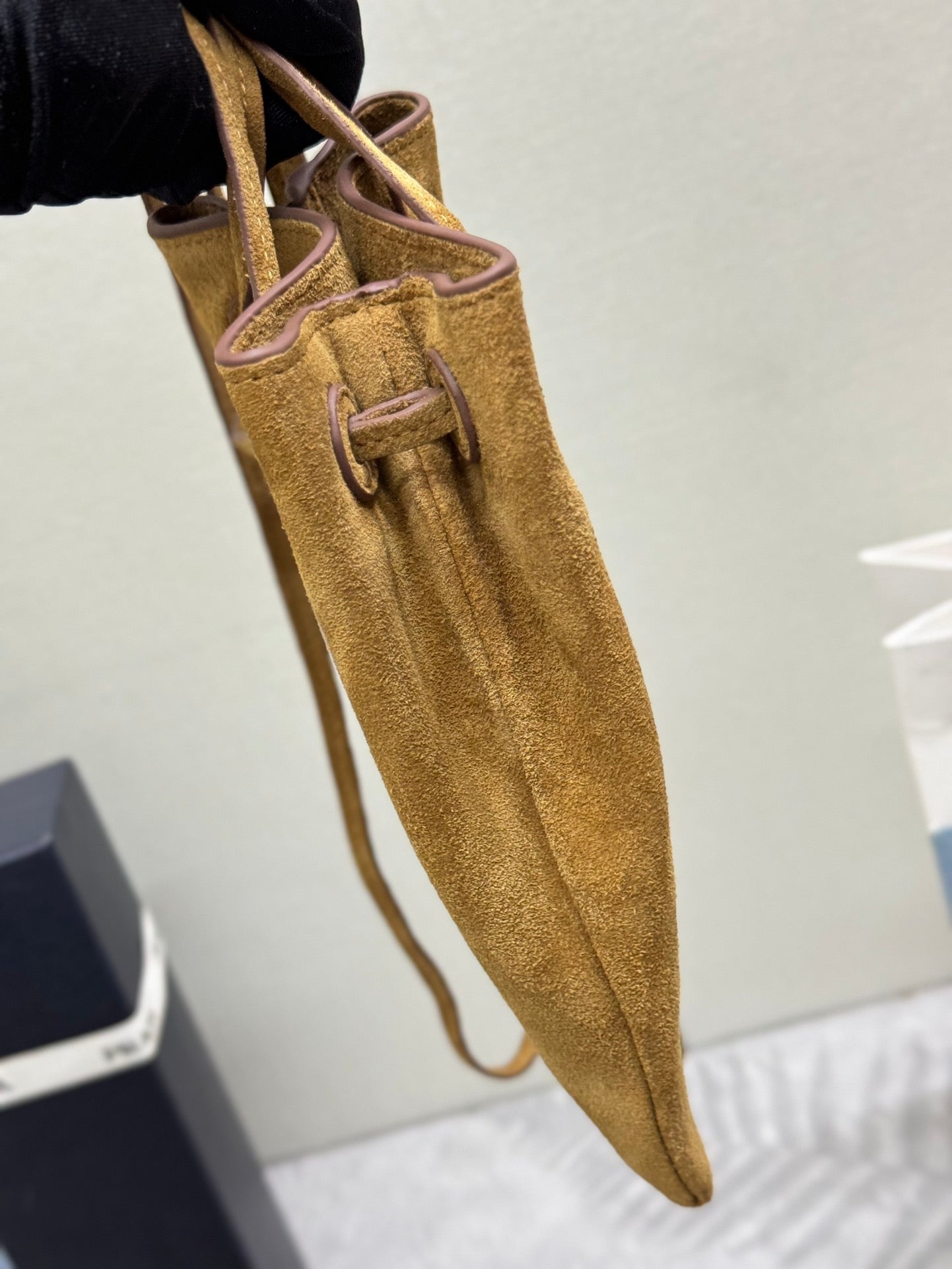 PRADA 25S BUCKET BAG 20 IN LIGHT CARAMEL SUEDE GOLD HARDWRE