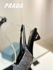 PRA SLINGBACK PUMPS BLACK SATIN WITH WHITE CRYSTALS