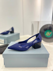 PRA STRAP CUT-OUT PUMPS NAVY SATIN