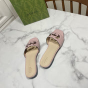 GG SLIDES IN PASTEL PINK CALFSKIN LOGO-EMBOSSED STRAP