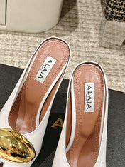 ALAIA SPIKE JEWEL MULES IN WHITE CALFSKIN WITH GOLD HARDWARE