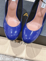 ALAIA ROUND-TOE HIGH HEELS 10 CM IN NAVY BLUE CALFSKIN