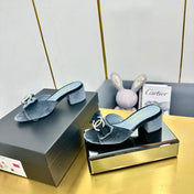 BOWKNOT RHINESTONES MID HEEL MULE IN STONE BLUE VELVET