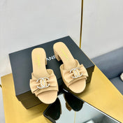 BOWKNOT RHINESTONES MID HEEL MULE IN FLAX YELLOW CALFSKIN