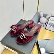 BOWKNOT RHINESTONES MID HEEL MULE IN GARNET RED VELVET