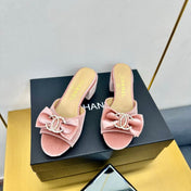 BOWKNOT RHINESTONES MID HEEL MULE IN LIGHT PINK VELVET