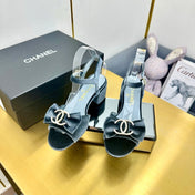 BOWKNOT RHINESTONES MID HEEL SANDAL IN STONE BLUE VELVET