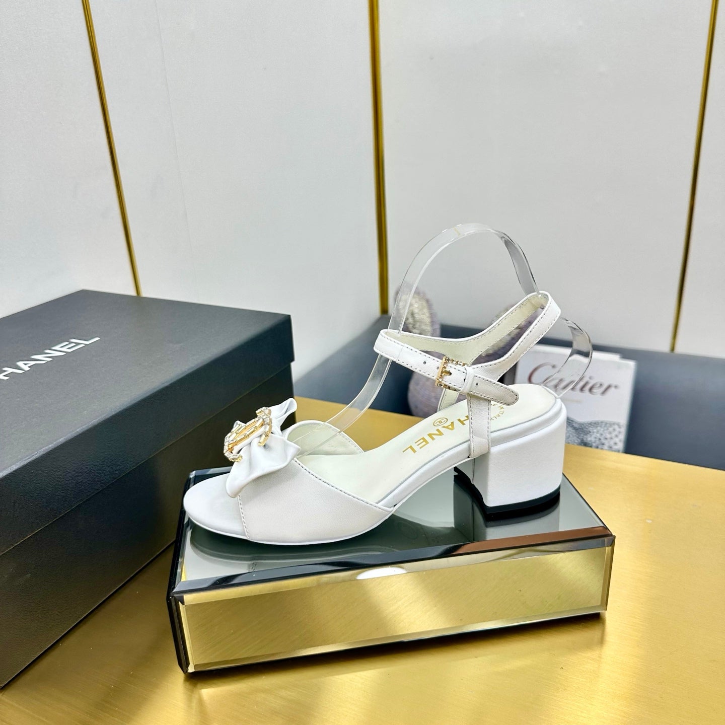 BOWKNOT RHINESTONES MID HEEL SANDAL IN WHITE LAMBSKIN