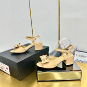 BOWKNOT RHINESTONES MID HEEL SANDAL IN FLAX YELLOW LAMBSKIN