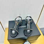 CC SANDAL 25S IN BLACK CALFSKIN WITH GOLD HARDWARE