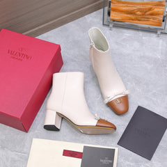 VALENTINO 25S VALET DU ROI ANKLE BOOTS 60 MM IN CREAM WHITE MIX BROWN CALFSKIN WITH BOW