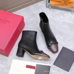 VALENTINO 25S VALET DU ROI ANKLE BOOTS 60 MM IN BLACK MIX DARK BROWN CALFSKIN WITH BOW
