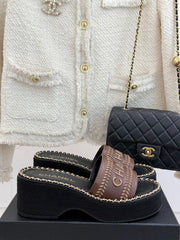 THICK SOLE WEDGE SLIPPERS IN CHOCOLATE BROWN CALFSKIN