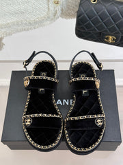 FLAT CHAIN HEART SANDAL IN BLACK VELVET