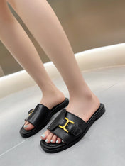MARCIE SLIDE IN BLACK CALFSKIN WITH GOLD HARDWARE