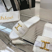 WOVEN SLIPPER IN WHITE WOOL AND LAMBSKIN GOLD HARDWARE