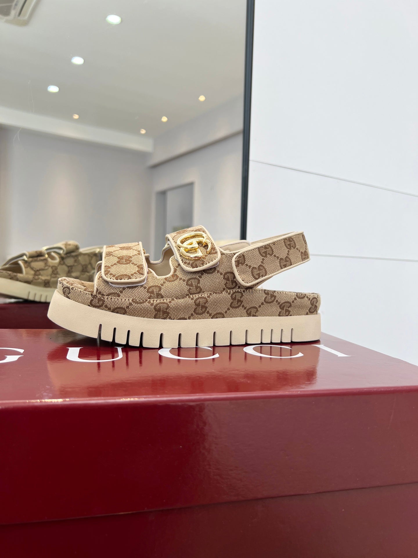 VELCRO STRAP SANDALS IN BEIGE AND DARK BROWN MONOGRAM CANVAS GOLD HARDWARE